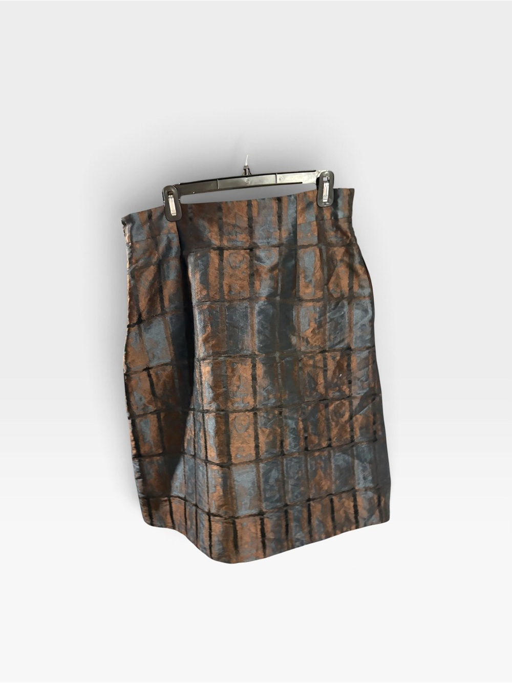 AGNONA, Metallic Grid-Print Pencil Skirt in Bronze and Charcoal